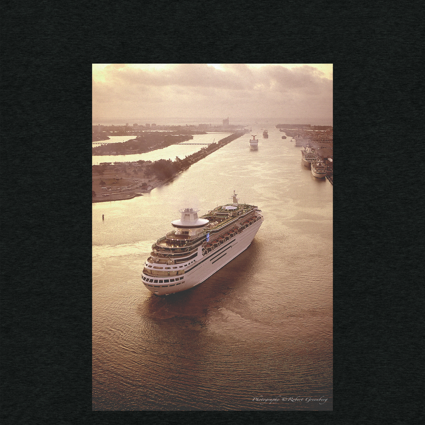 Miami Beach Skyline behind Cruise Ship - Black Tri-Blend Bella 3413 Short sleeve t-shirt