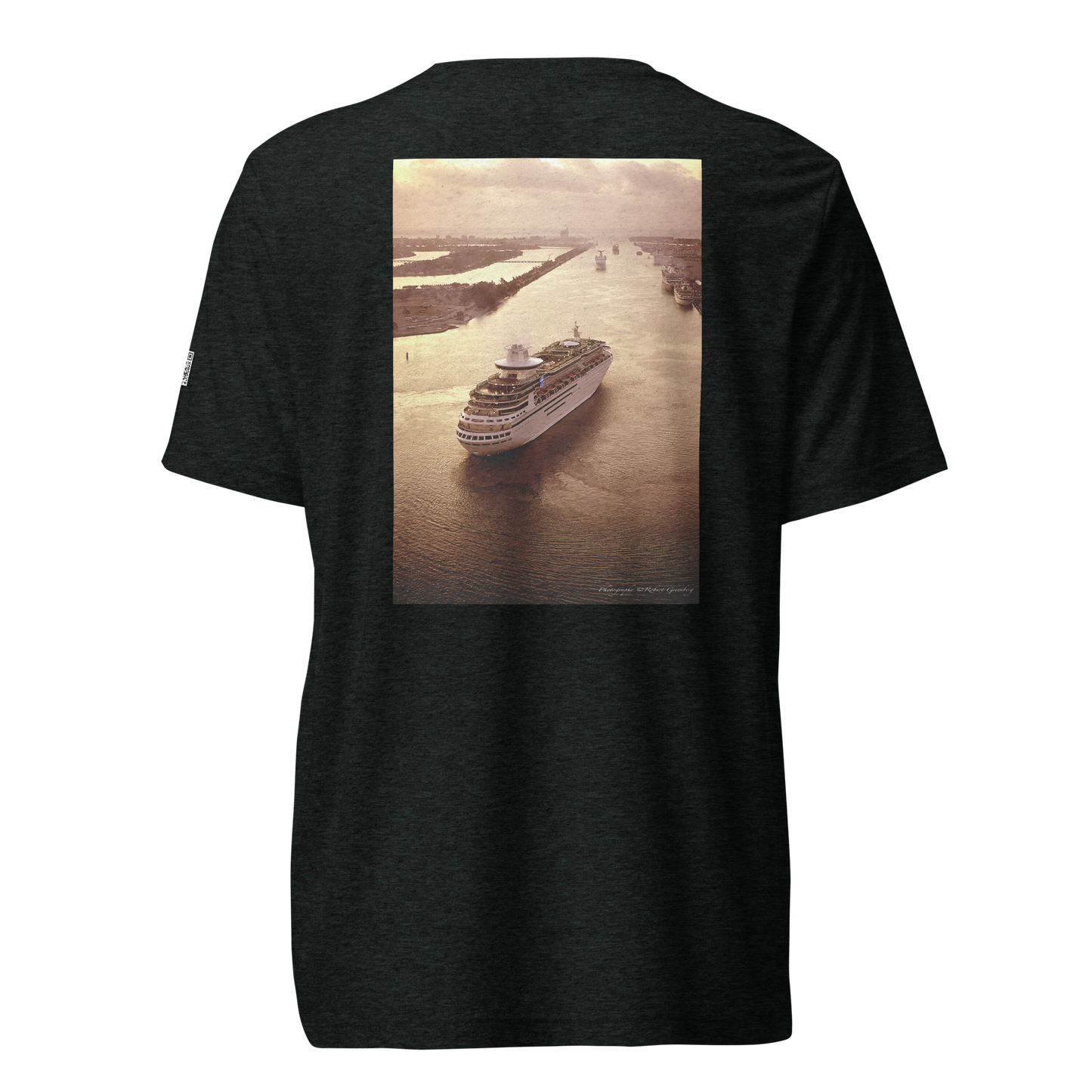Miami Beach Skyline behind Cruise Ship - Black Tri-Blend Bella 3413 Short sleeve t-shirt