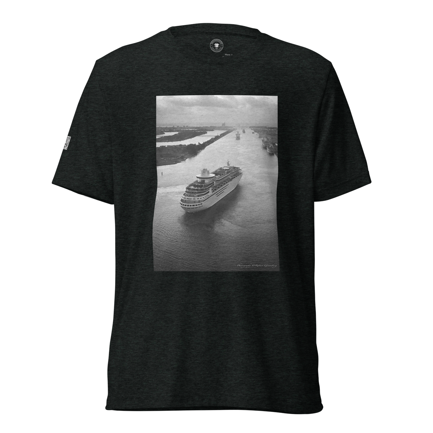 Miami Beach Skyline behind Cruise Ship - Black Tri-Blend Bella 3413 Short sleeve t-shirt