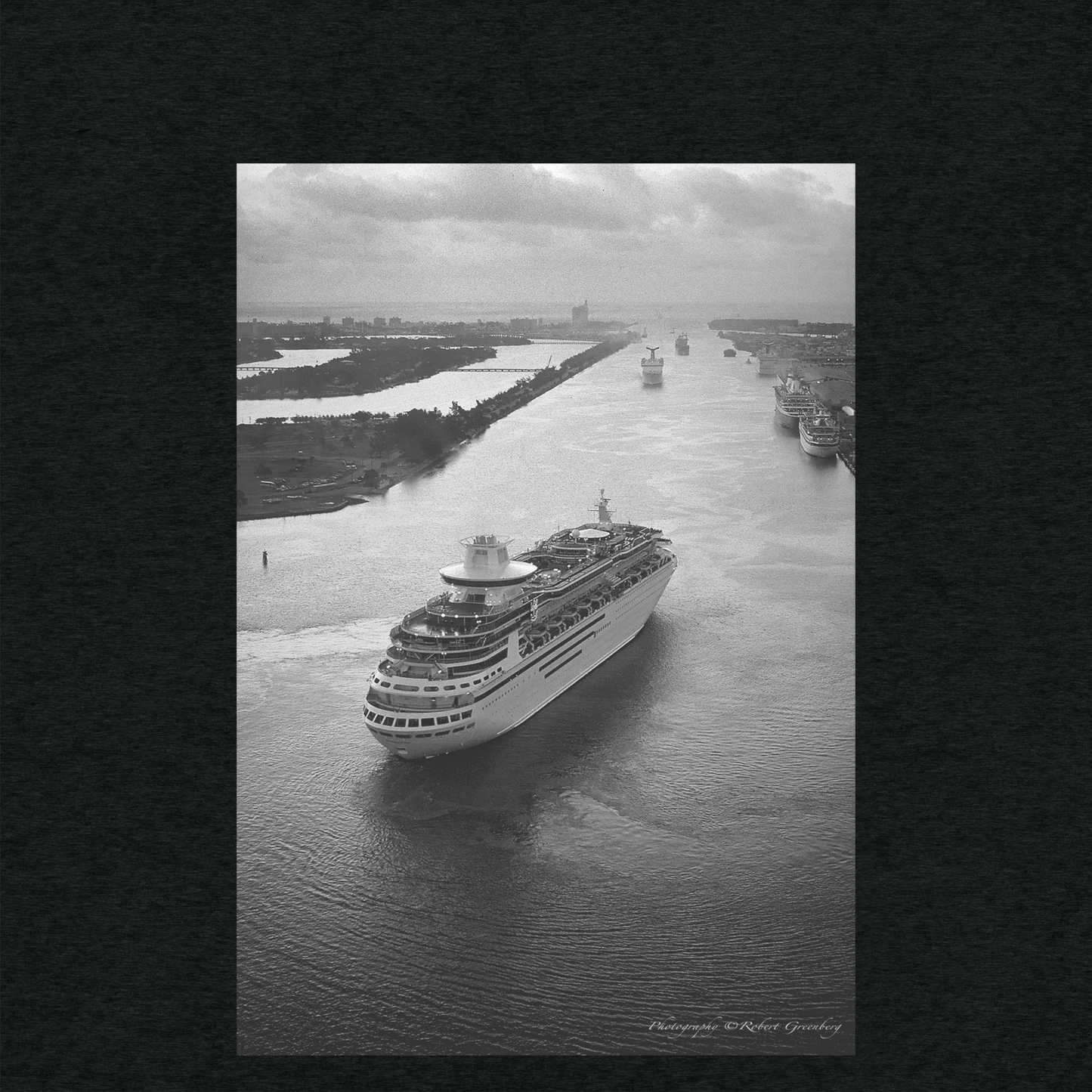 Miami Beach Skyline behind Cruise Ship - Black Tri-Blend Bella 3413 Short sleeve t-shirt