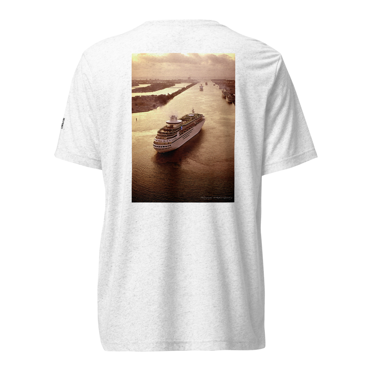 Miami Beach Skyline behind Cruise Ship - White Tri-Blend Bella 3413 Short sleeve t-shirt