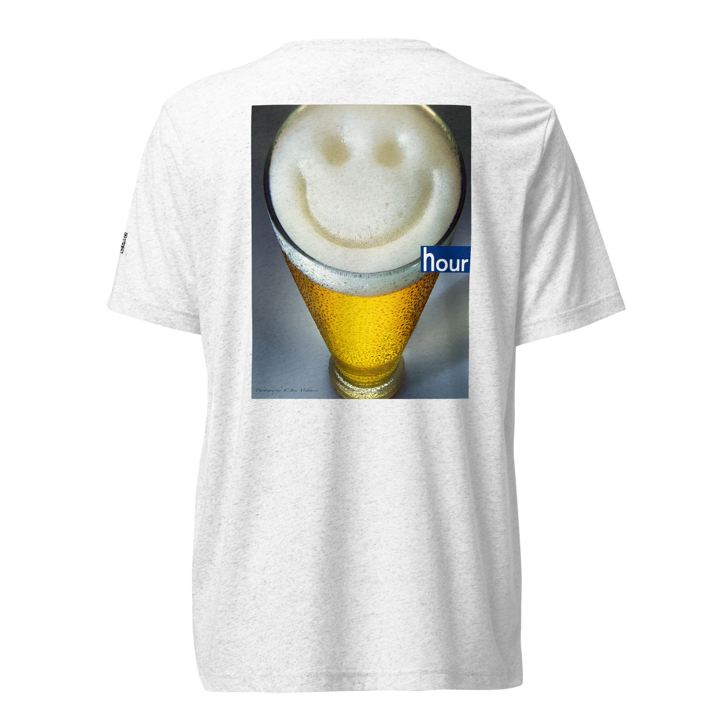 Beer Toast on front/Happy Hour on back - White - Tri-Blend Bella 3413 short sleeve t-shirt
