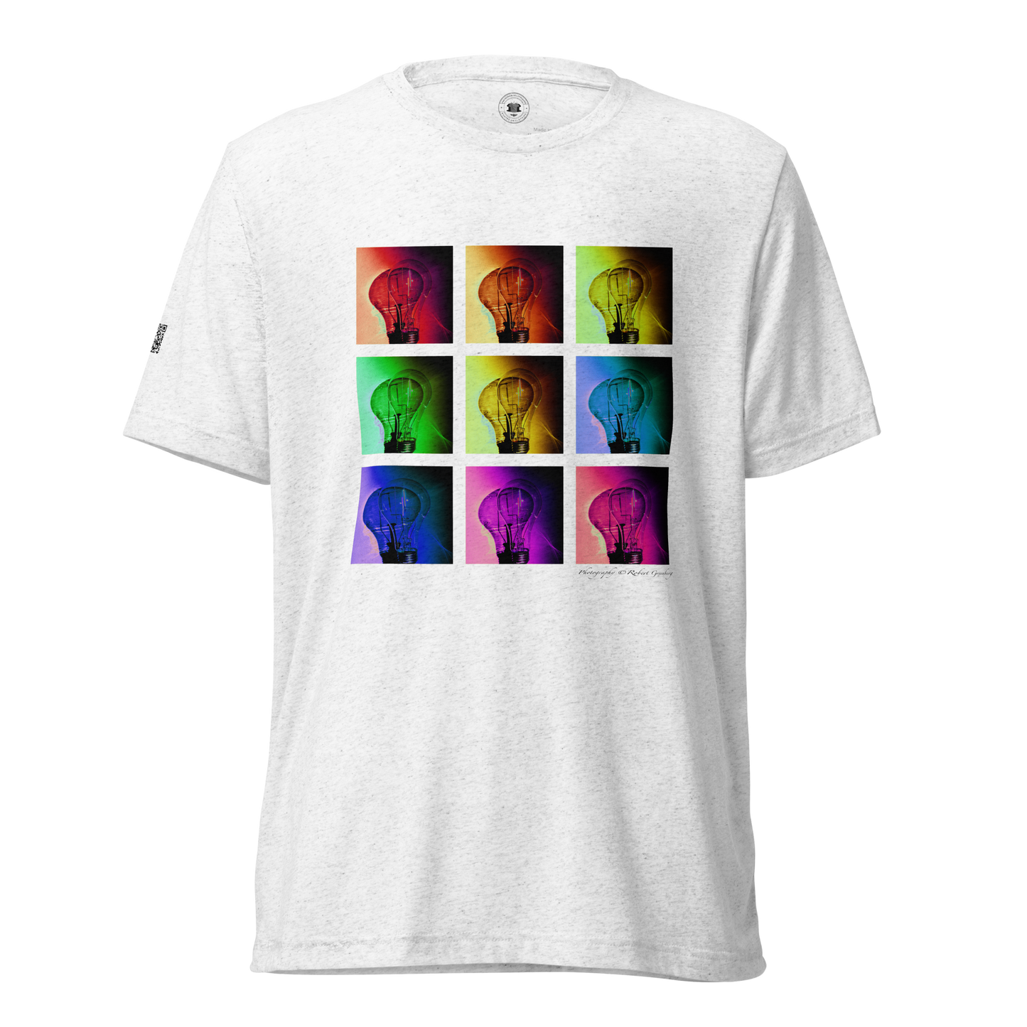 Grid of 9 lightbulbs on front - 1 on back - White - Tr-Blend Bella 3413 Short sleeve t-shirt