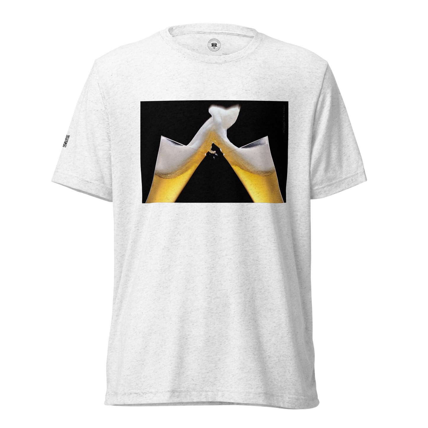 Beer Toast on front/Happy Hour on back - White - Tri-Blend Bella 3413 short sleeve t-shirt