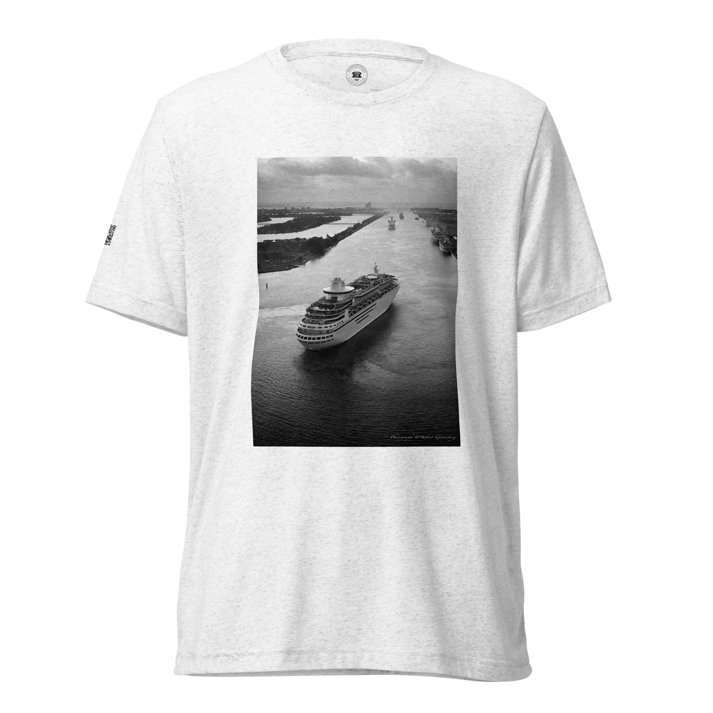 Miami Beach Skyline behind Cruise Ship - White Tri-Blend Bella 3413 Short sleeve t-shirt