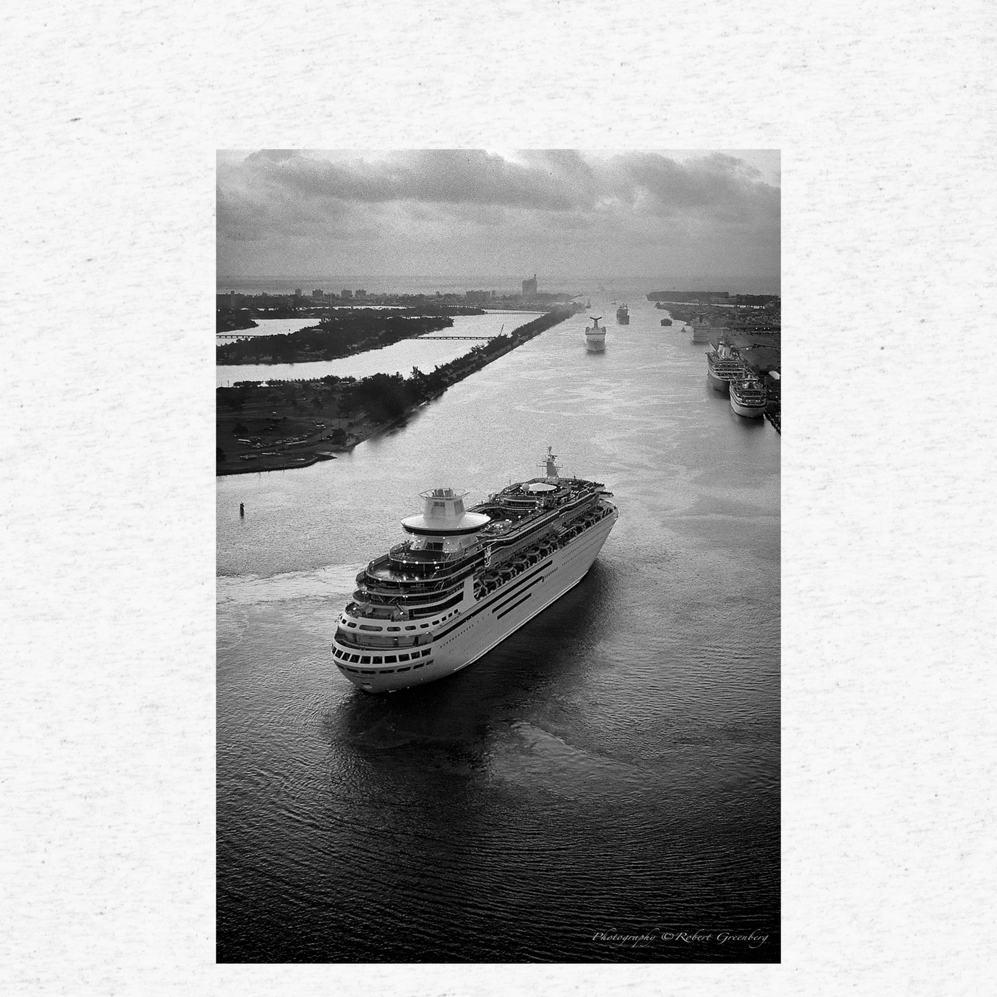 Miami Beach Skyline behind Cruise Ship - White Tri-Blend Bella 3413 Short sleeve t-shirt